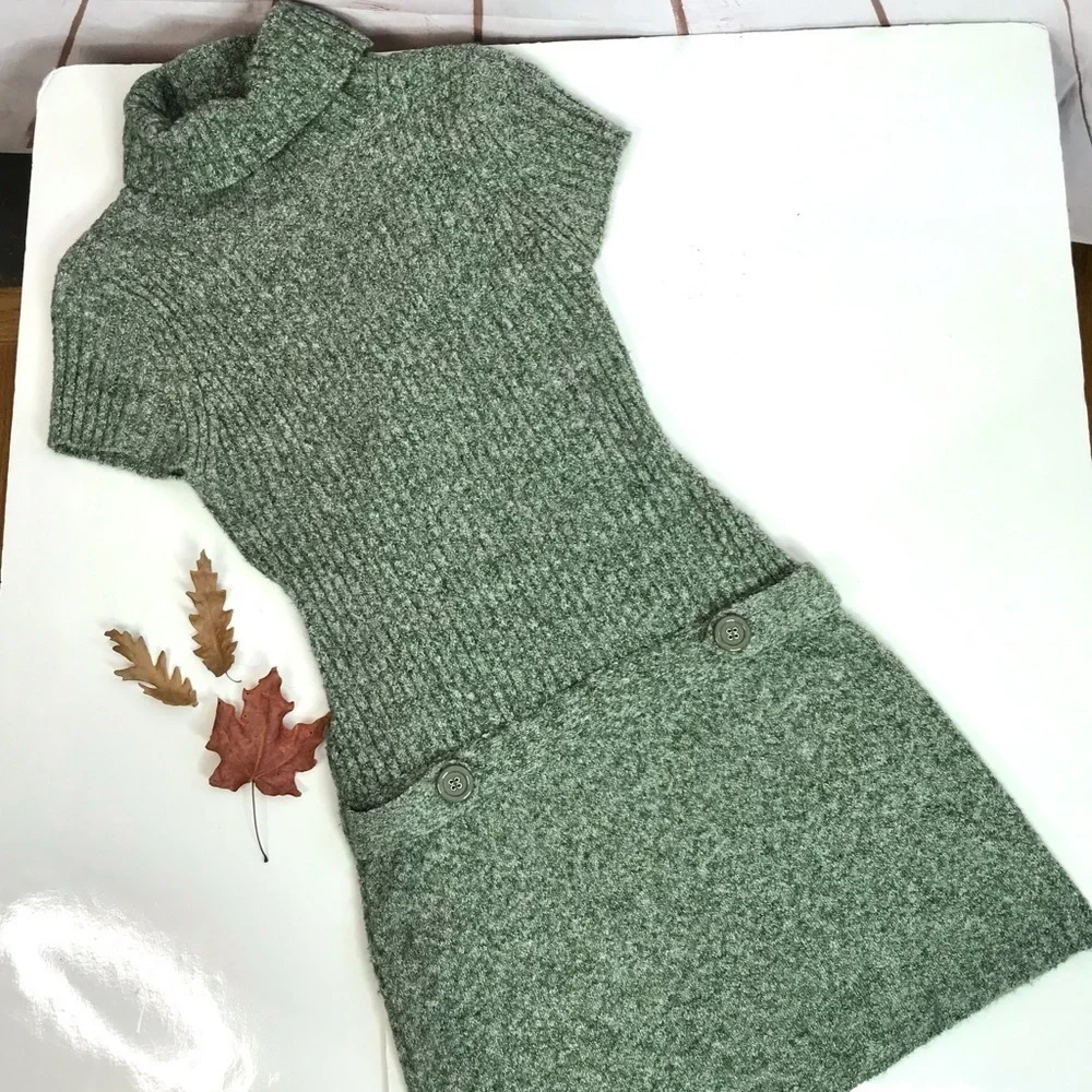 JJ BASICS M Knit Sweater Mini Dress Olive Green Marled Knit Short Sleeve Medium - Picture 2 of 15